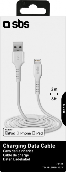 SBS Lightning USB kaapeli 2m, valkoinen