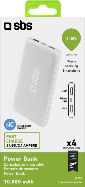 SBS 10000mAh 2x USB -varavirtalähde, valkoinen